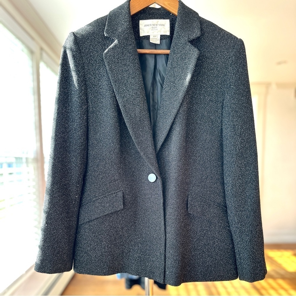 Jones New York Charcoal Tweed Suit Jacket, Fitted, Princess Seams, Lined, petite